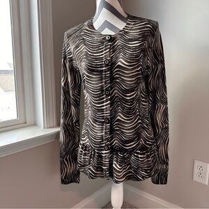 Tory Burch 100% Merino Wool Zebra Animal Print Peplum Cardigan Large Tan Brown